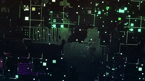 Abstract dark circuit board with many details and moving elements, seamless loop Stock Footage 158948033