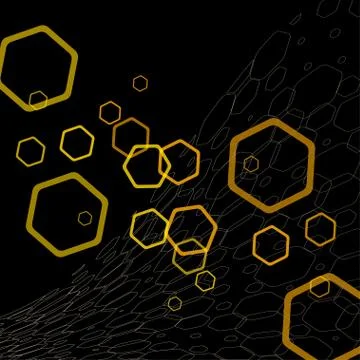 Abstract dark gray background with intersecting yellow hexagon rings and net. Stock Illustration