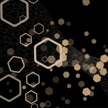 Abstract dark gray background with intersecting hexagon rings and silhouettes Stock Illustration