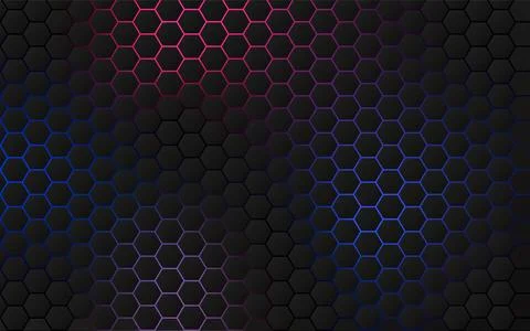 Abstract dark hexagonal pattern illuminated with pink, purple, and blue neo.. Illustrazione stock