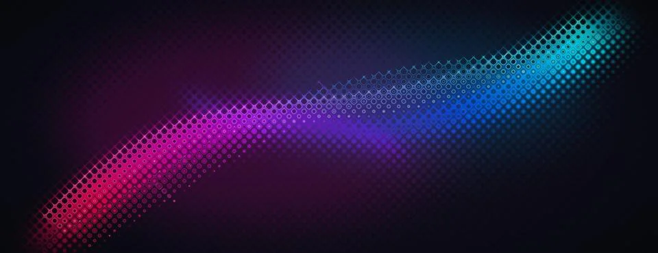 Abstract dark panoramic background with glowing neon pink and blue light wa.. Stock Illustration