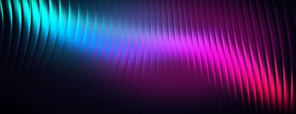 Abstract dark panoramic background with wavy vertical lines and glowing neo.. Stock Illustration