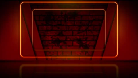 Abstract dark red brick wall motion background with glowing neon frame stage Stock Footage 339758617
