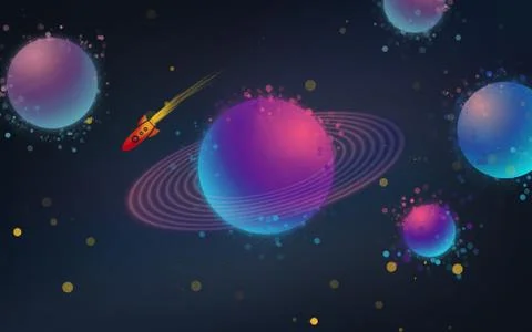 Abstract dark space illustration with planets and rocket Stock Illustration