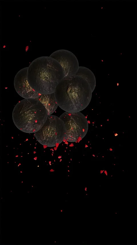 Abstract dark spheres exploding into red fragments 库存影片 342250326