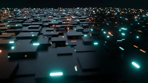 Abstract Dark Technology Surface with Glowing Light Strips Aerial View Vídeo Stock 347722994