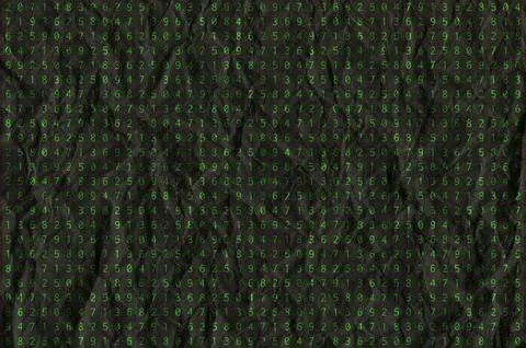 Abstract dark texture of wrinkled paper with green glowing numbers overlay Stock Illustration