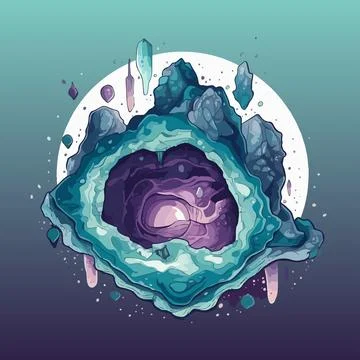 Abstract dark turquoise liquid vector geode. Cave, magic, floating stones Stock Illustration