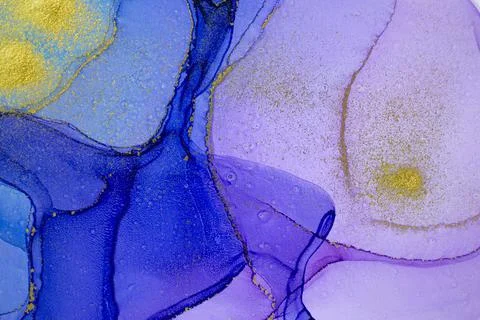 Abstract dark violet stains background. Purple and gold watercolor ink pattern Stock Illustration