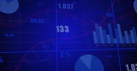 Abstract dashboard showing on screen, with red line graph bar chart pie slices Stock Illustration
