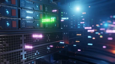 Abstract data center with endless servers and bright counters. Stock market Stock Footage 148104070