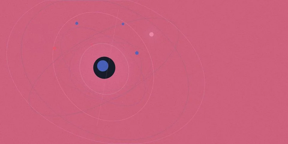 Abstract data connection circle design with blue dots and lines on a pink b.. Иллюстрация