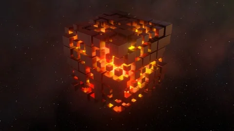Abstract Data Cube Glowing Core 3D Block Outer Space Station Floating Stock Footage 268798858