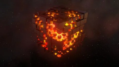 Abstract Data Cube Glowing Core 3D Block Outer Space Station Floating Stock Illustration