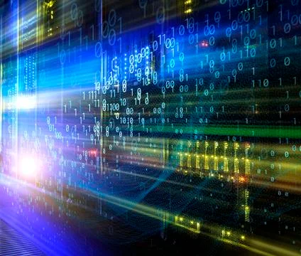 Abstract data flow background with binary code. Dynamic waves technology concept Stock Photos