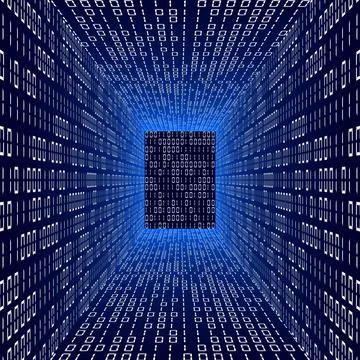 Abstract data flow background - blue glowing room with walls of binary code Stock Illustration