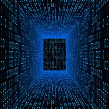 Abstract data flow background - blue glowing room with walls of binary code Stock Illustration