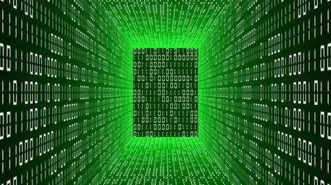 Abstract data flow background - green glowing room with walls of binary code Stock Illustration
