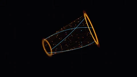 Abstract data flow network connecting two glowing rings in digital science .. Stock Footage 342784571