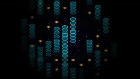 Abstract data flow visualization of digital glowing circles over dark tech .. Stock Footage 345127561