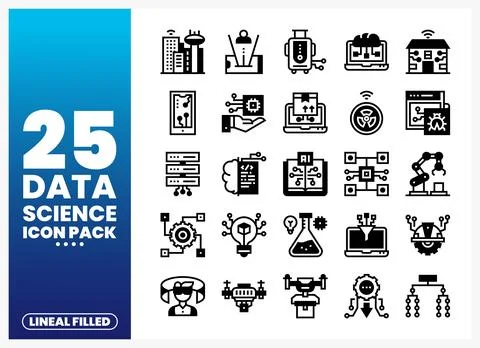 Abstract data science icons. lineal filled. on a blue gradient background. Stock Illustration