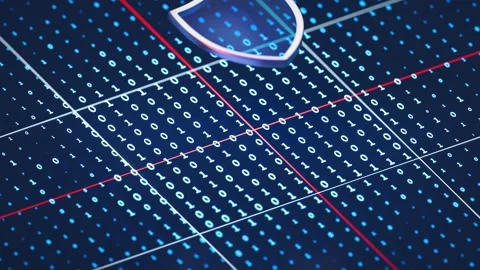 Abstract data security digital shield icon in motion with binary code backg.. Stockbeeldmateriaal 332230412