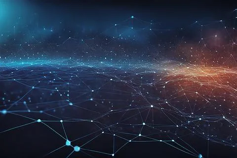 Abstract data technology background with a network grid and particles conne.. Foto stock