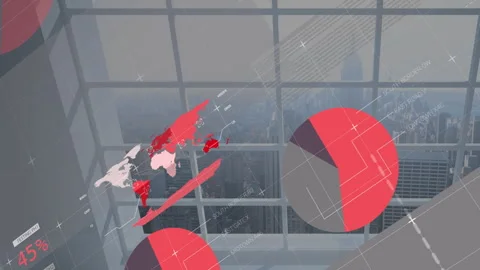 Abstract data visualization animation over cityscape viewed through large Stock Footage 306225553