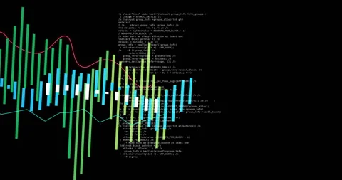 Abstract data visualization displaying bars with overlaid C code and pink and Stock Footage 307461096