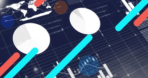 Abstract data visualization displaying large white pie chart with candlestick Stock Footage 308602680