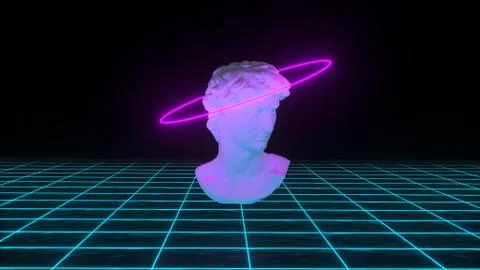 Abstract David's bust with neon gloving light on grid background. Banner desi Stock Illustration