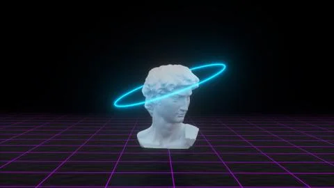 Abstract David's bust with neon gloving light on grid background. Banner desi Stock Illustration