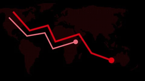 Abstract decline line chart over a dark world map showing falling values an.. Stock Footage 337181699