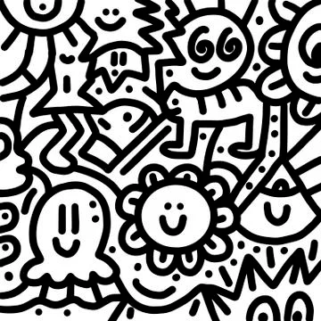 Abstract decorative doodles pattern. Hand-drawn vector black and white Illust Stock Illustration