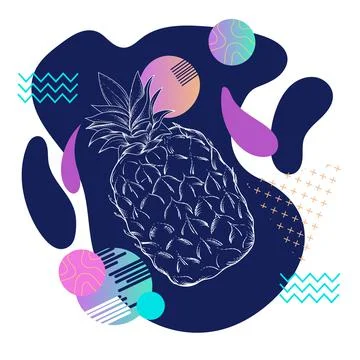Abstract decorative element with geometric shapes and pineapple, flat vector. Illustrazione stock