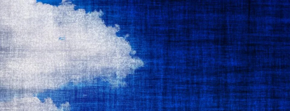 Abstract deep blue sky and white cloud banner with woven fabric canvas textur Stock Illustration