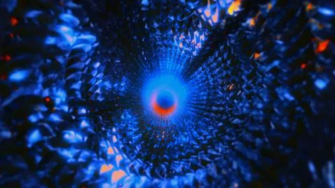 Abstract deep blue tunnel with textured walls leads to a bright blue core Stock Illustration