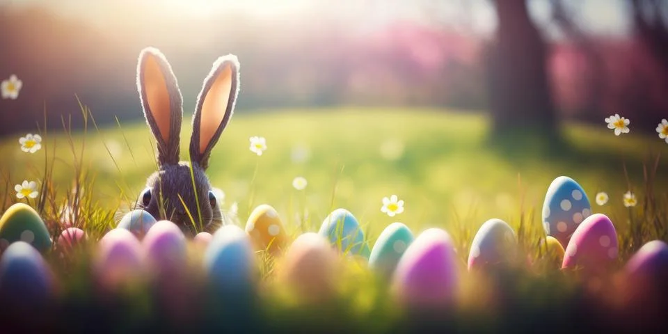 An abstract defocused Easter scene featuring bunny ears behind grass and de.. Stock Illustration