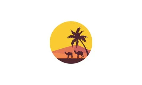 Abstract desert with camel coconut trees logo symbol vector icon illustrati.. Stock Illustration