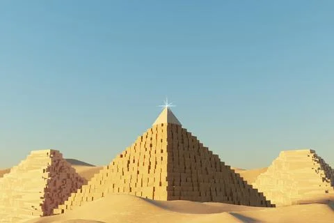 Abstract Desert Dune cliff sand with Egyptian Pyramid and clean blue sky. S.. Stock-Illustration