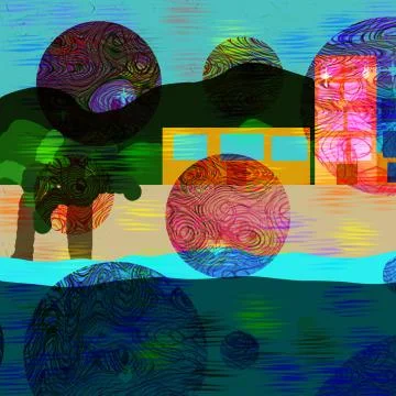 Abstract design with circles, trees, windows, beach Stock Illustration