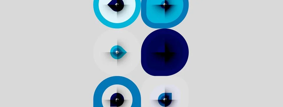 Abstract design features blue circles, varying sizes, light gray background. Stock Illustration