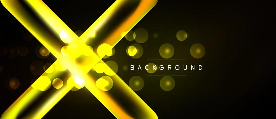Abstract design features bright yellow lines forming X shape. Bokeh effects, Stock Illustration