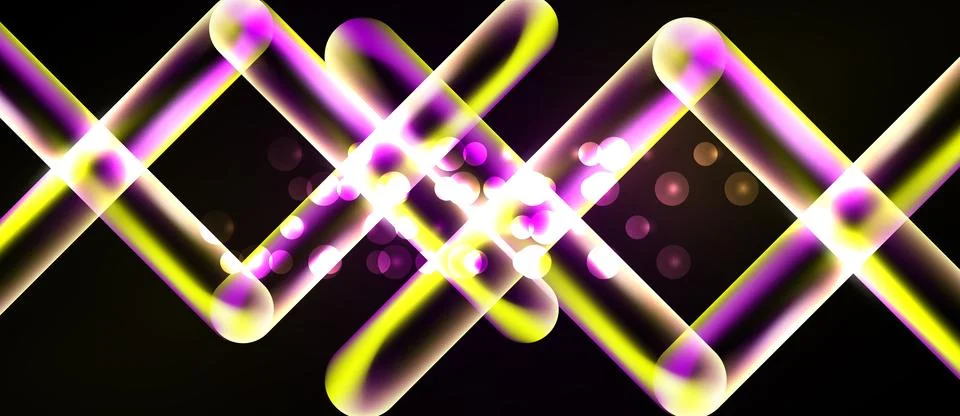 Abstract design features bright yellow, purple lines. Circles overlap creatin Illustrazione stock