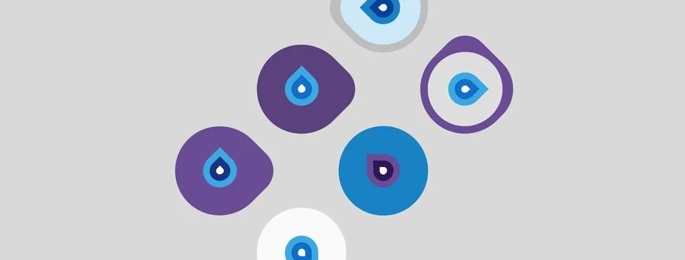 Abstract design features circles, droplets, eye motifs. Purple, blue hues Stock Illustration