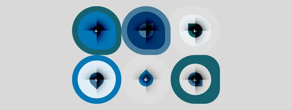 Abstract design features circular shapes, varying shades blue, white. Minim.. Illustrazione stock