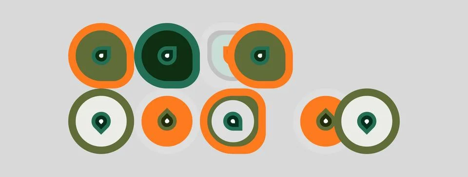 Abstract design features circular shapes, varying colors. Olive, orange tones Stockillustratie