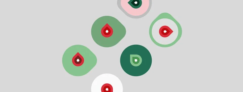 Abstract design features circular shapes. Green, red, white colors dominate Stock Illustration