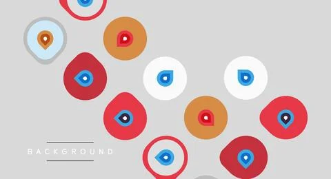 Abstract design features colorful circles, map markers. Gray background pro.. Illustrazione stock