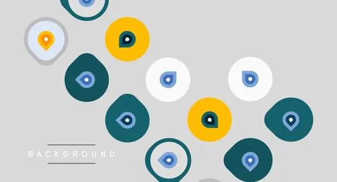 Abstract design features colorful circles, location pins. Background is light Stock Illustration